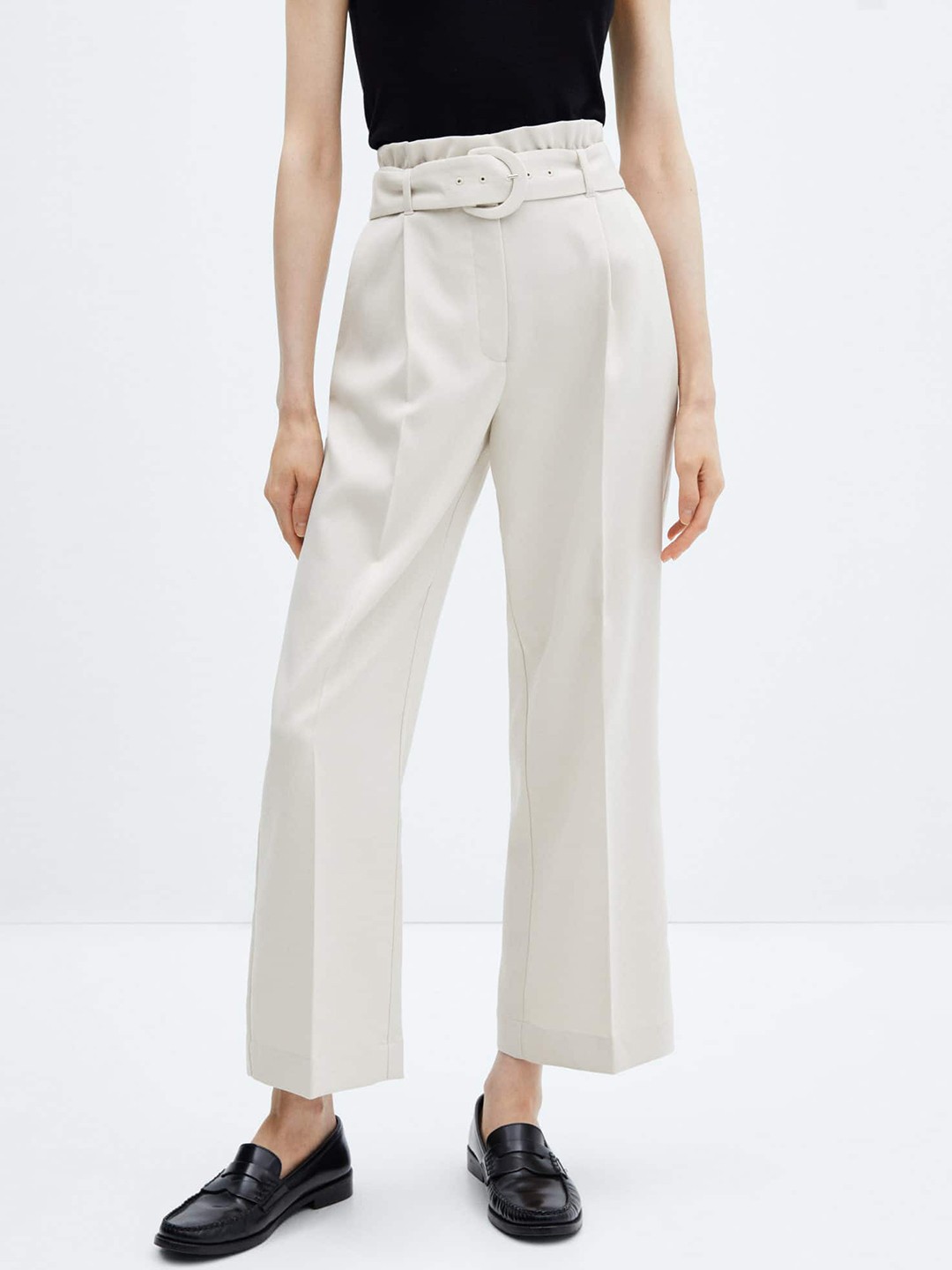 

MANGO Women Straight Fit Pleated Formal Trousers with Belt, White