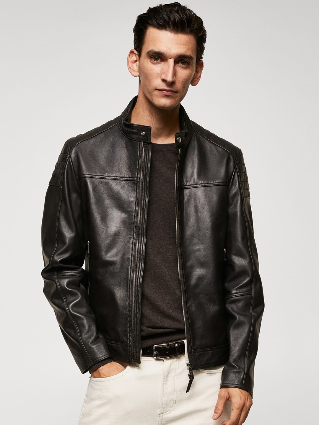 

MANGO MAN Leather Jacket, Brown