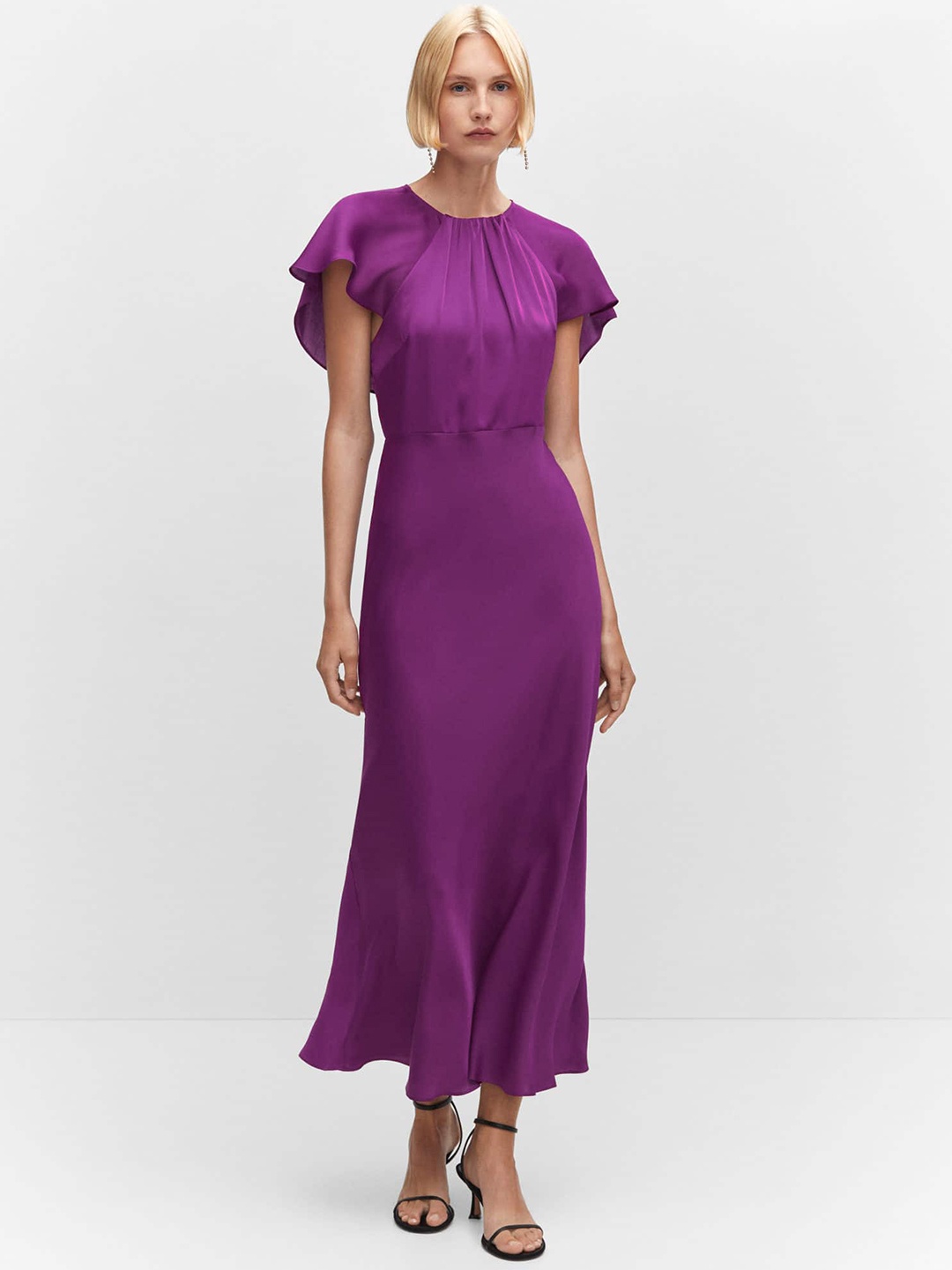 

MANGO Flared Sleeve Satin Styled Back Midi Dress, Purple