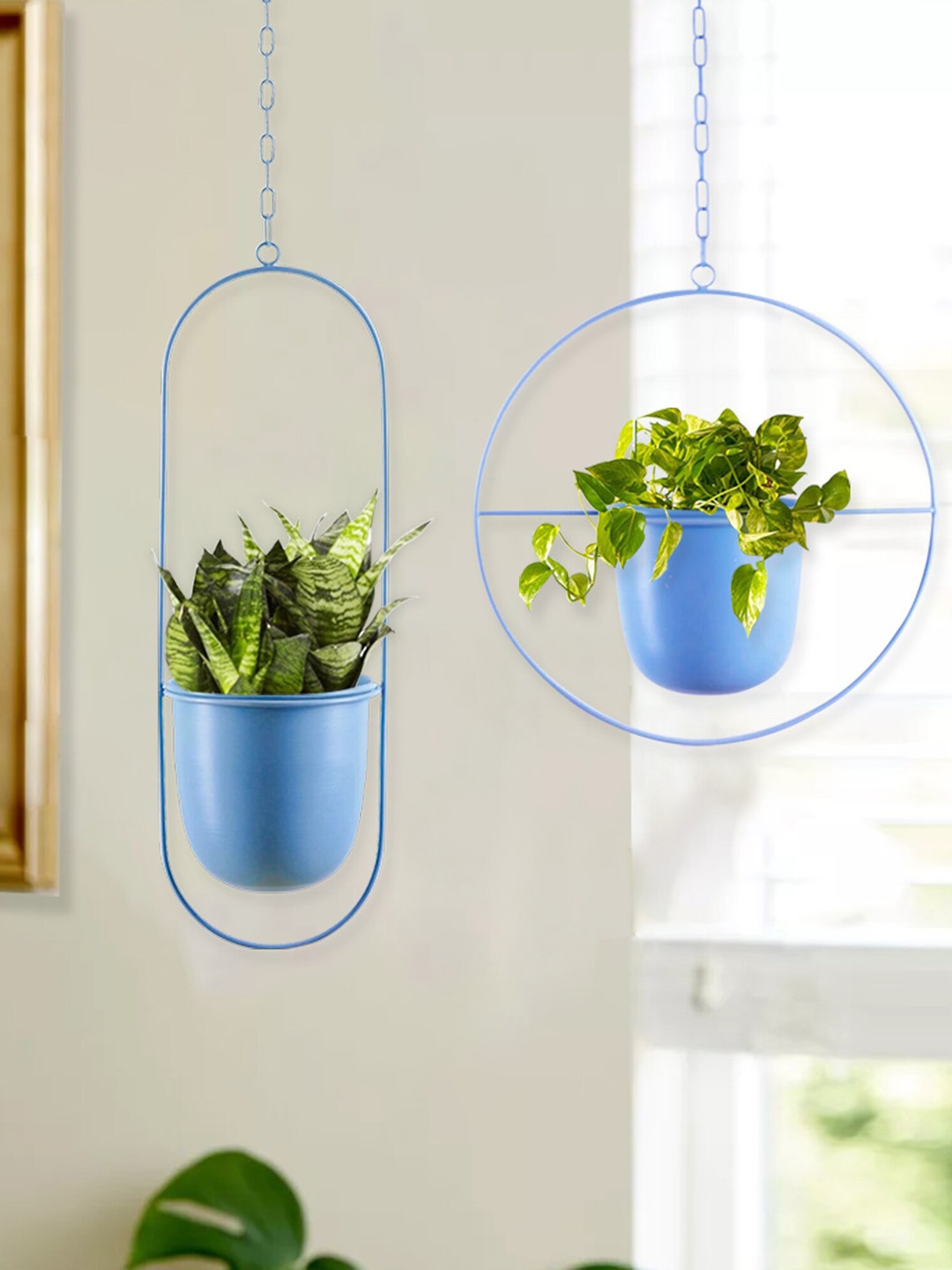 

Homesake Turquoise Blue 2 Pieces Round & Oval Planters With Hanging Metal Pot Stands