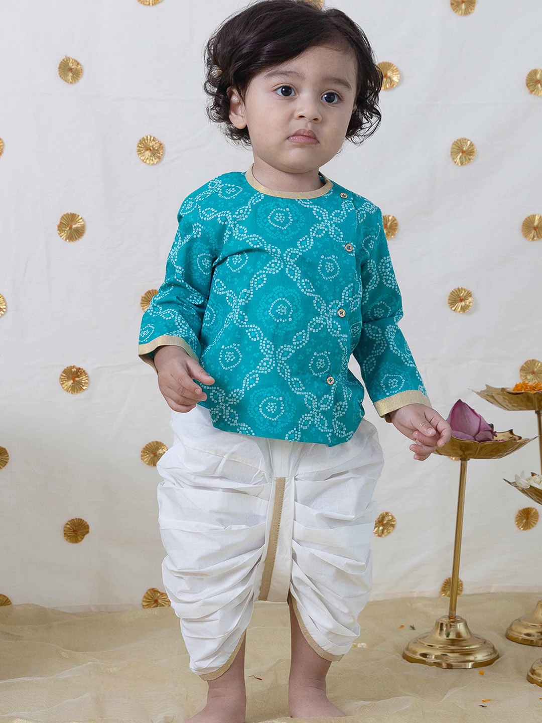 

Tiber Taber Infants Boys Bandhani Printed Pure Cotton Angrakha Kurta with Dhoti Pants, Blue