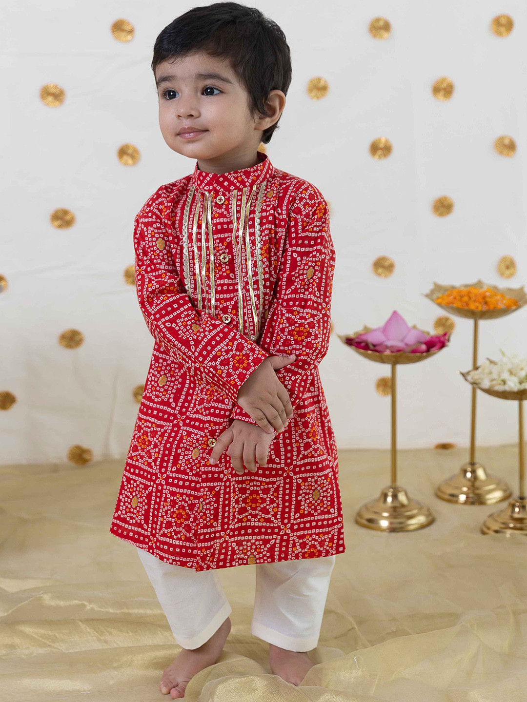 

Tiber Taber Boys Bandhani Printed Gotta Patti Pure Cotton Kurta With Pyjamas, Red