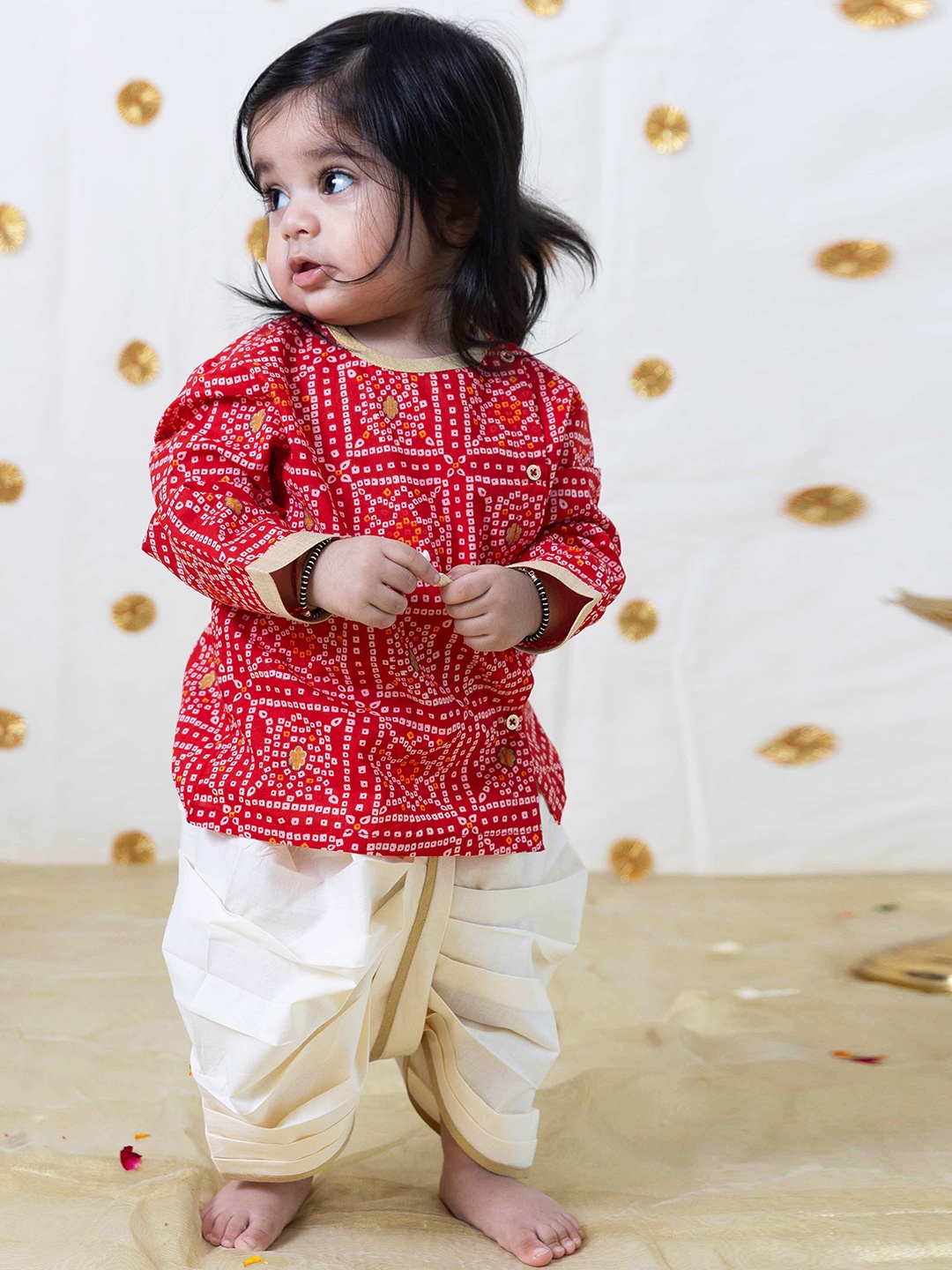 

Tiber Taber Boys Bandhani Printed Pure Cotton Kurta With Dhoti Pants, Red