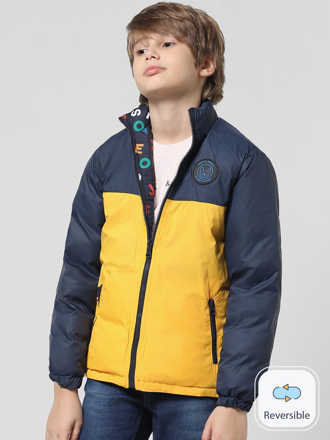 

Jack & Jones Junior Boys Colourblocked Mock Collar Puffer Jacket, Navy blue