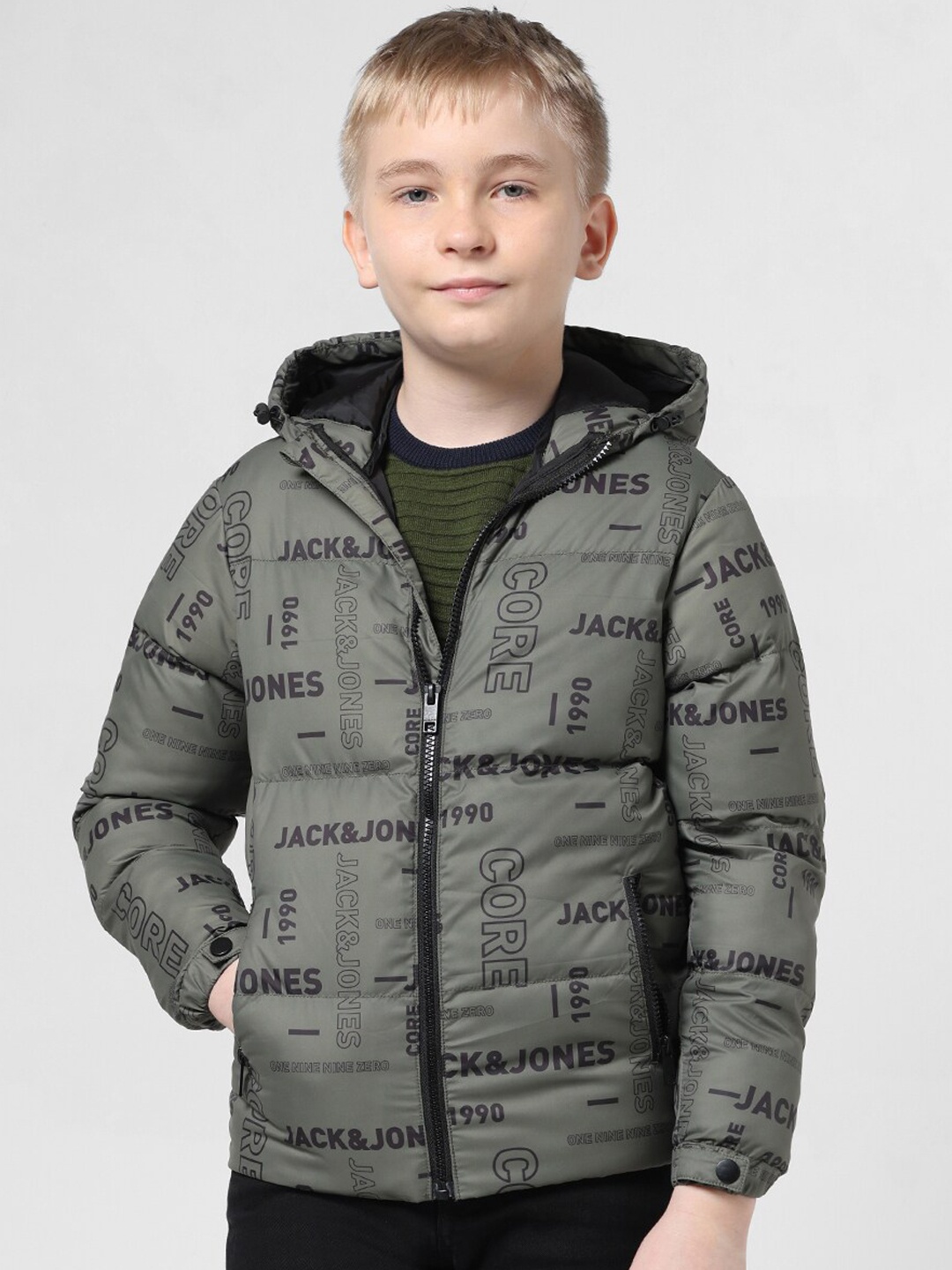Jack & Jones Junior Boys Typography Printed Puffer Jacket, Green