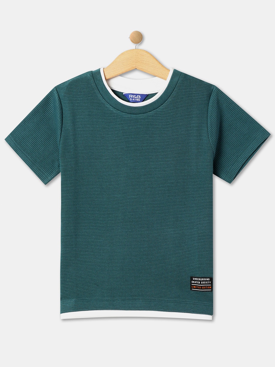 

R&B Boys Striped Round Neck Cotton T-shirt, Green