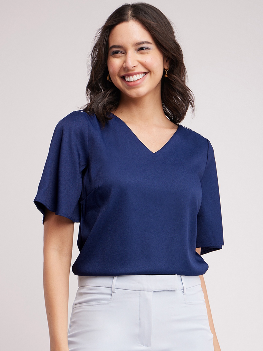 

FableStreet V-Neck Bell Sleeves Regular Top, Navy blue