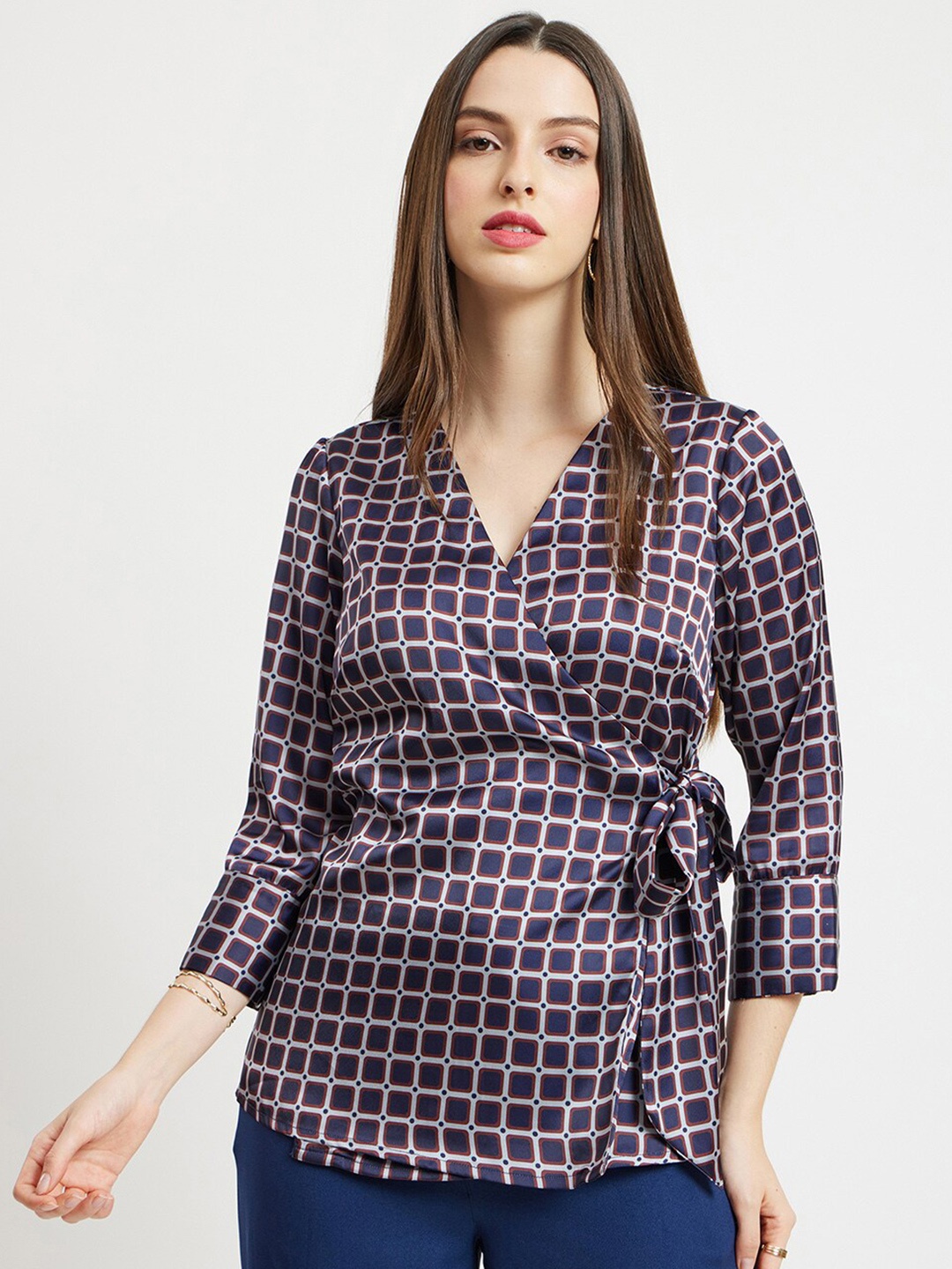 

FableStreet Checked V-Neck Satin Wrap Top, Navy blue