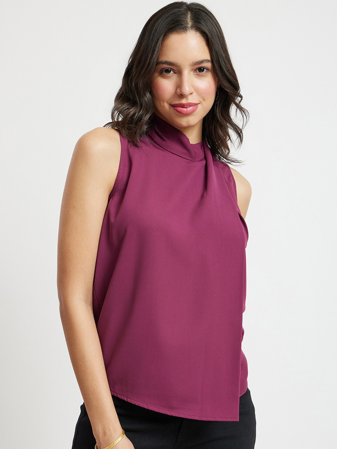 

FableStreet High Neck Sleeveless Regular Top, Maroon