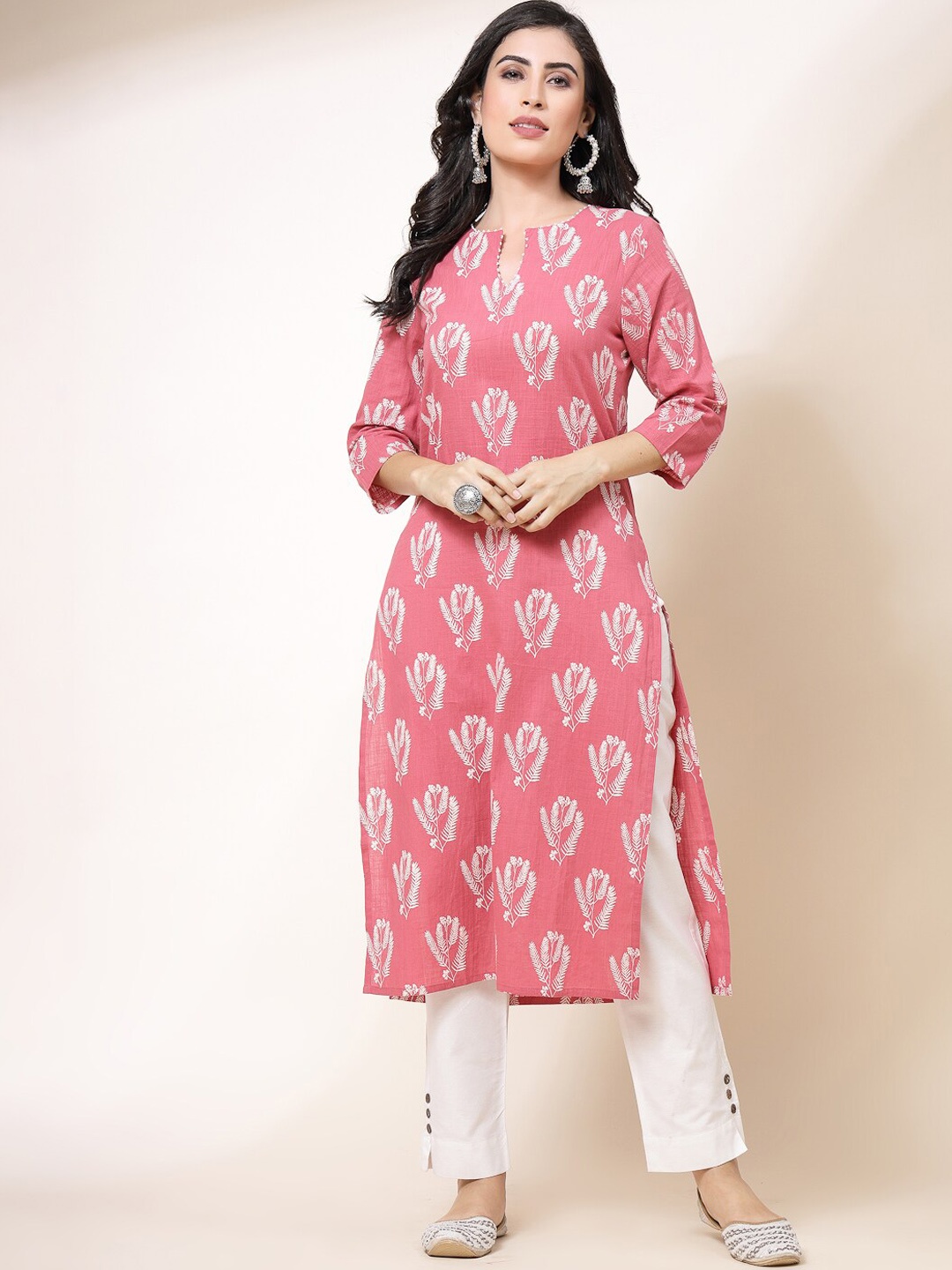 

all about you Floral Printed Straight Pure Cotton Kurta, Pink