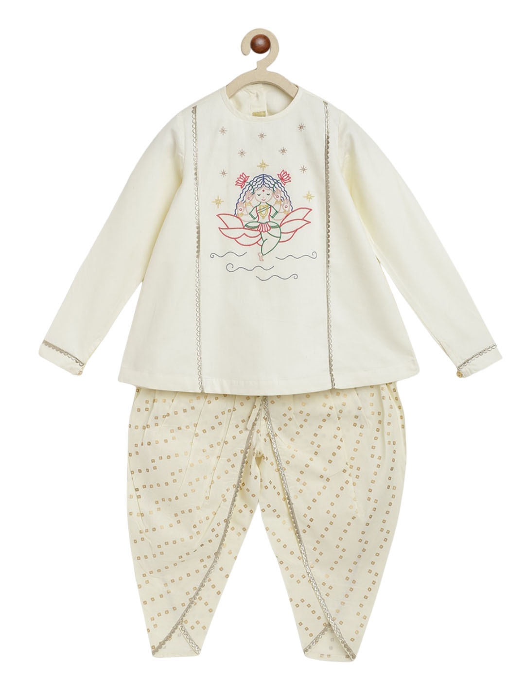 

Tiber Taber Girls Ethnic Motifs Embroidered Thread Work Pure Cotton Kurta With Dhoti, Cream