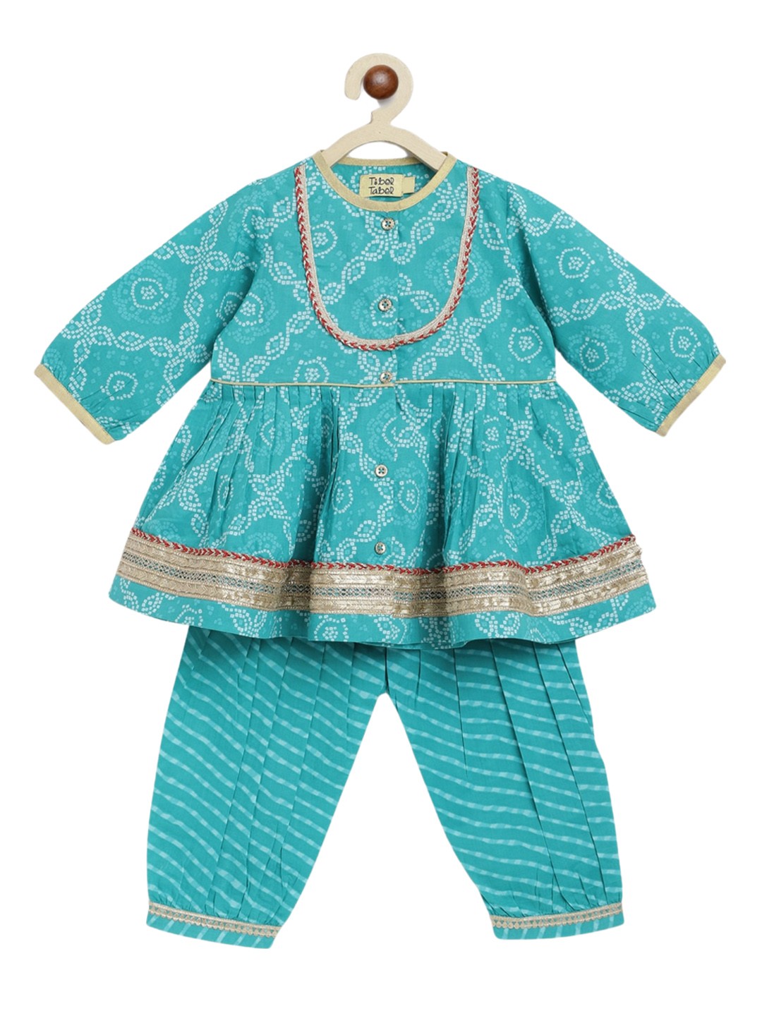 

Tiber Taber Girls Bandhani Printed Anarkali Gotta Patti Pure Cotton Kurti With Salwar, Blue