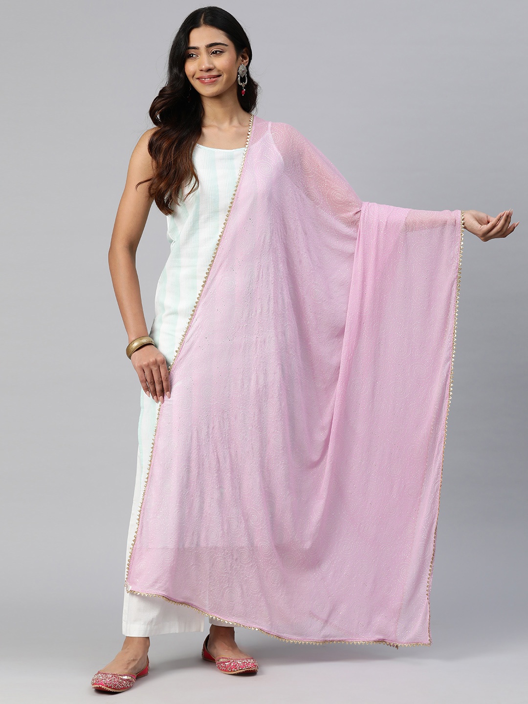 

Rang Gali Ethnic Motifs Printed Pure Chiffon Dupatta with Gotta Patti, Lavender