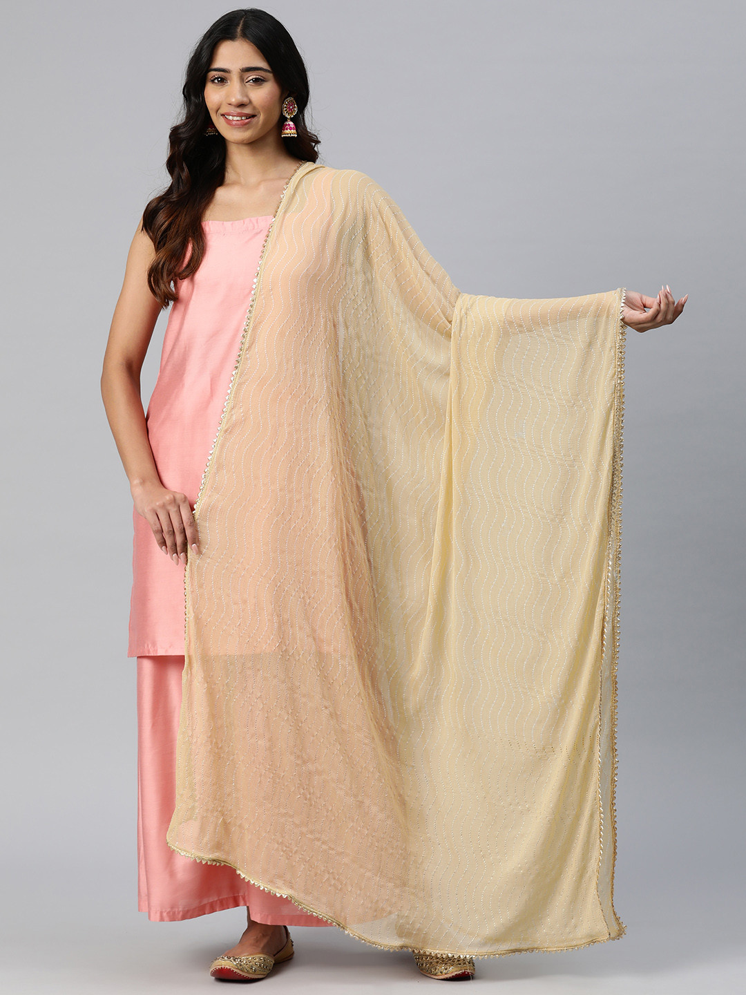

Rang Gali Printed Pure Chiffon Dupatta with Gotta Patti, Beige