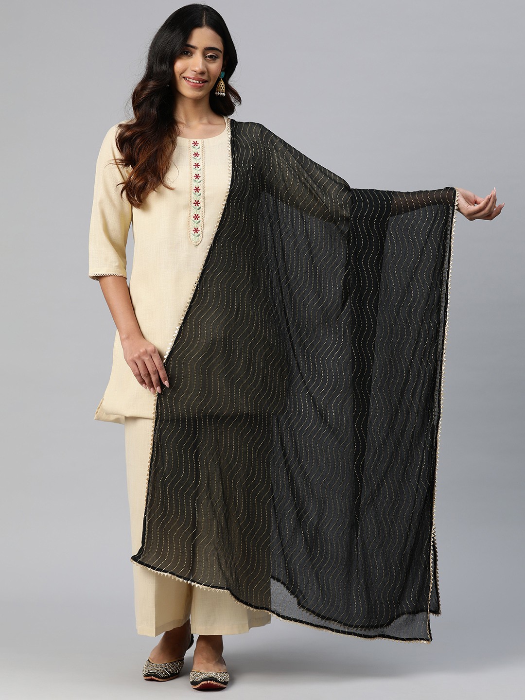 

Rang Gali Printed Pure Chiffon Dupatta with Gotta Patti, Black