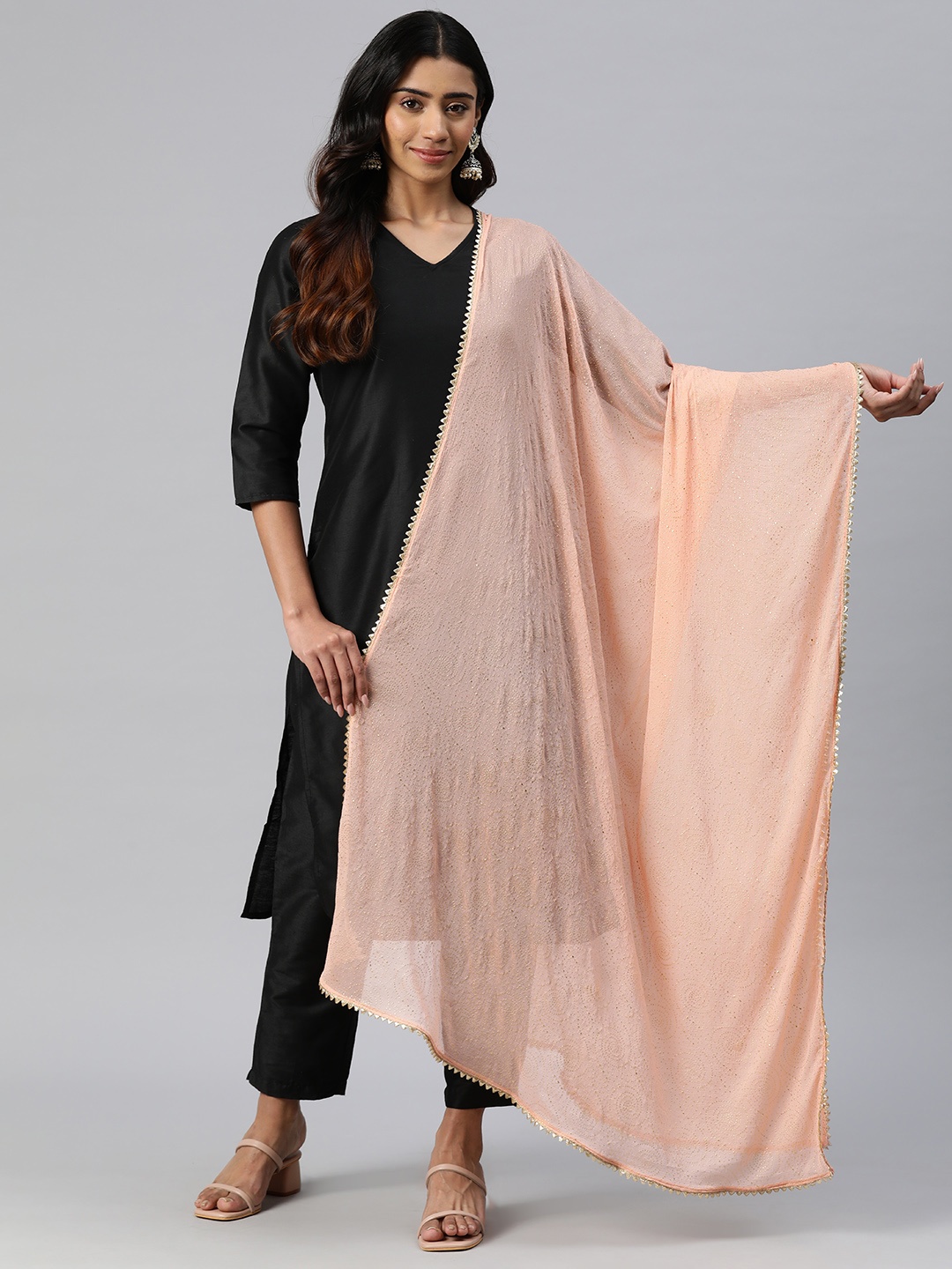 

Rang Gali Ethnic Motifs Printed Pure Chiffon Dupatta with Gotta Patti, Peach