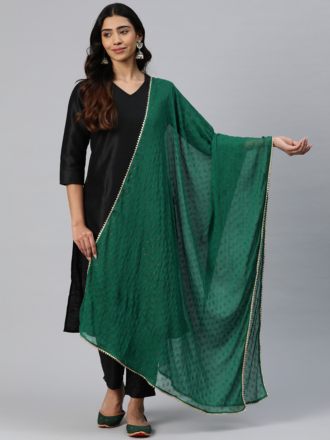 

Rang Gali Ethnic Motifs Printed Pure Chiffon Dupatta with Gotta Patti, Green