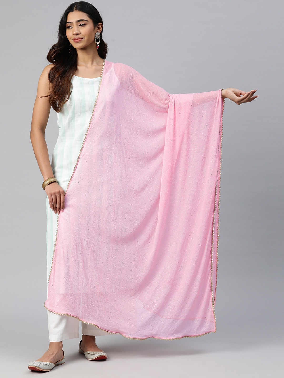 

Rang Gali Ethnic Motifs Printed Pure Chiffon Dupatta with Gotta Patti, Pink