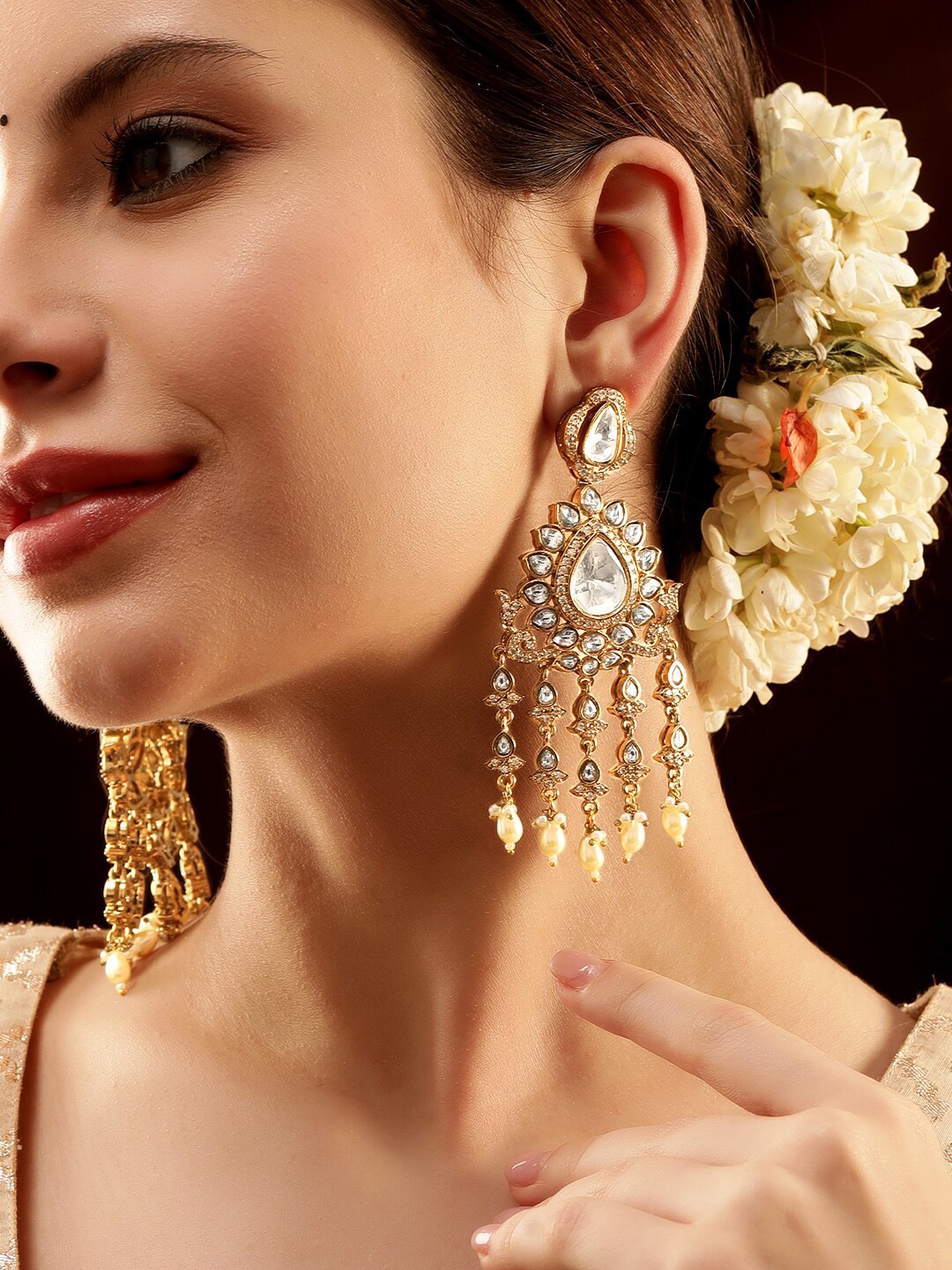 

Rubans 22K Gold Plated Kundan and Pearl Chandelier Earrings Elegant and Jewelry
