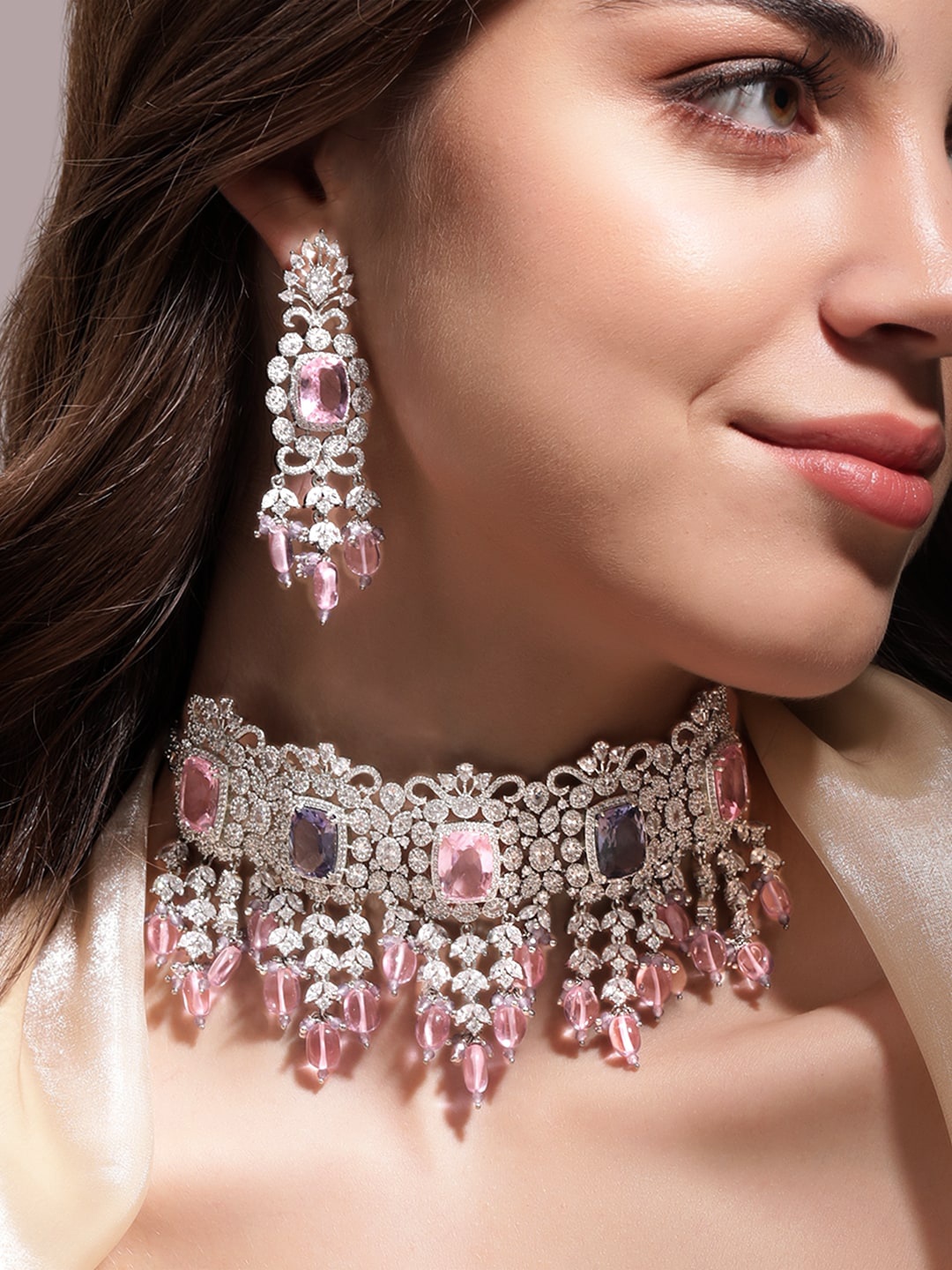 

Rubans Silver-Plated Pink & Lavender Stones and AAA CZ Studded Choker Set