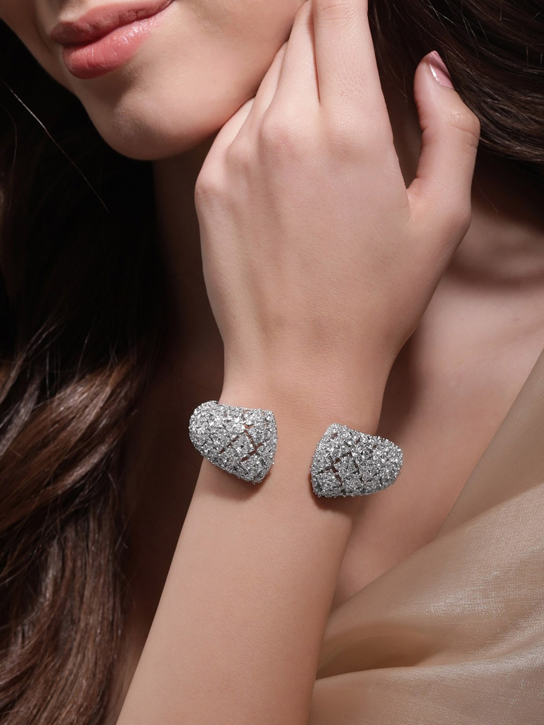 

Rubans Silver-Plated American Diamond-Studded Cuff Bracelet