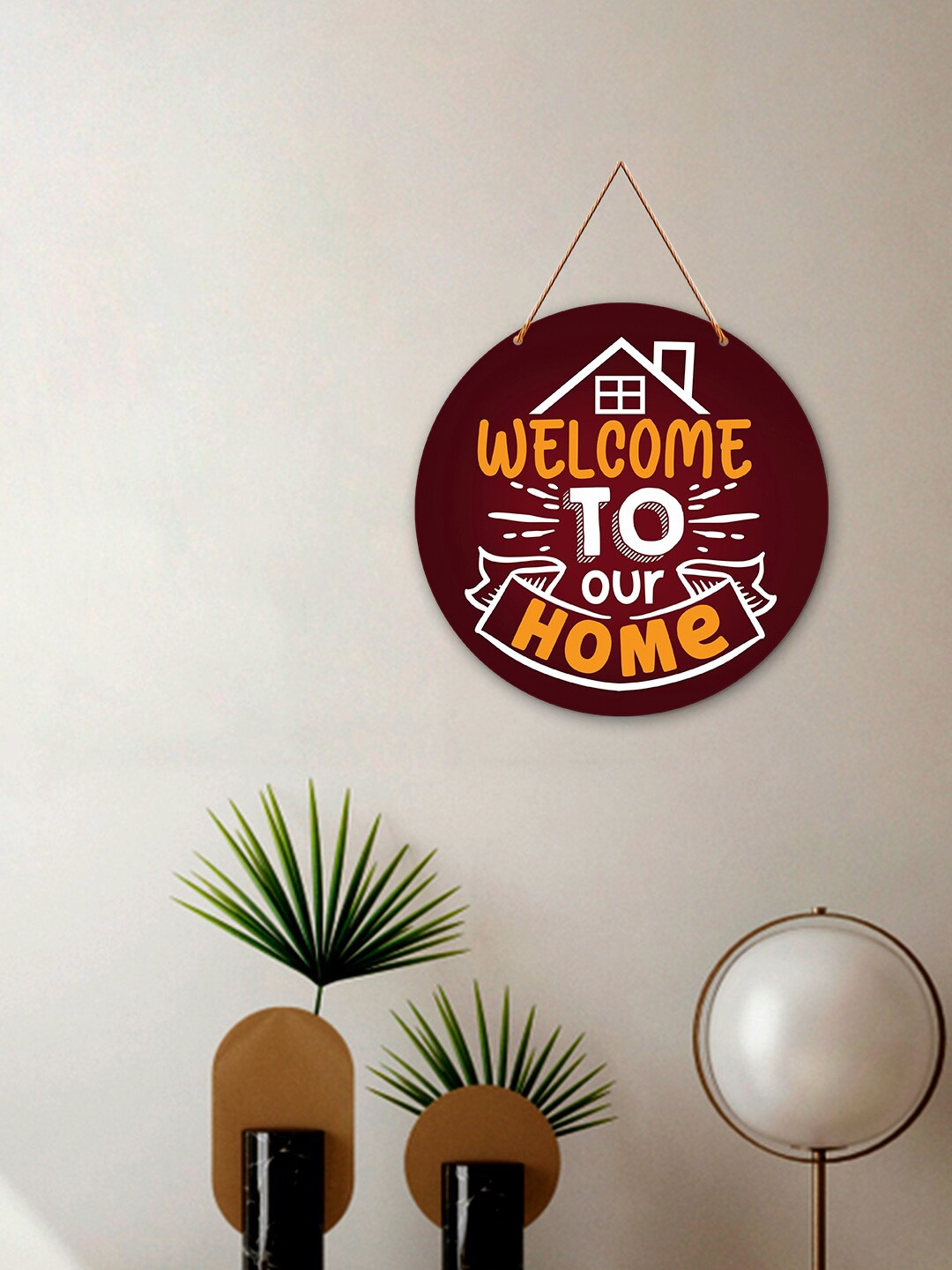 

ArtVibes Brown & Orange Welcome To Our Home Round Wooden Wall Hanging