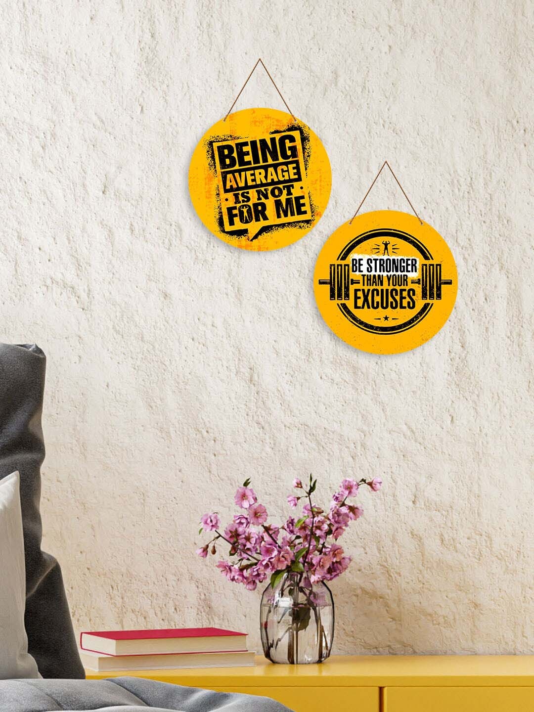 

ArtVibes 2 Pcs Yellow & Black Gym Motivational Quote Wooden Wall Hangings