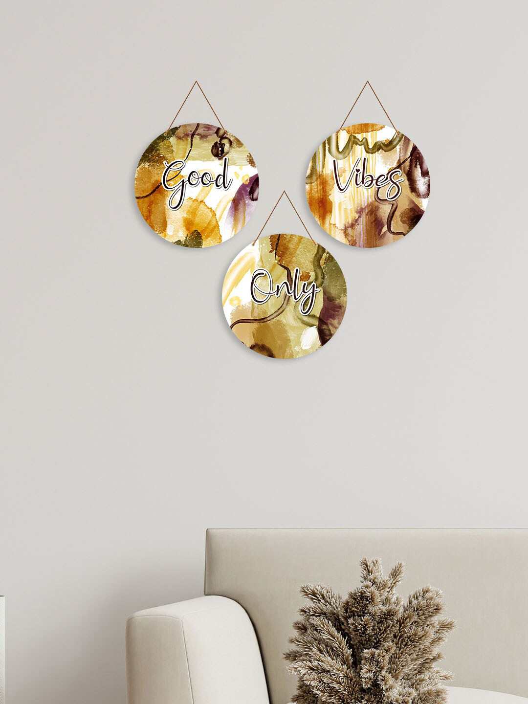 

ArtVibes 3 Pcs Yellow & Green Abstract Art Wooden Wall Hangings