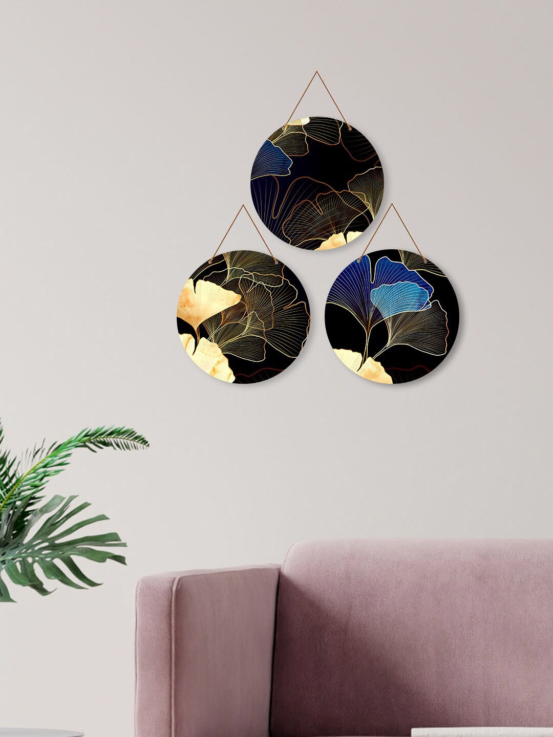 

ArtVibes 3 Pcs Black & Blue Flower Line Art Wooden Wall Hangings