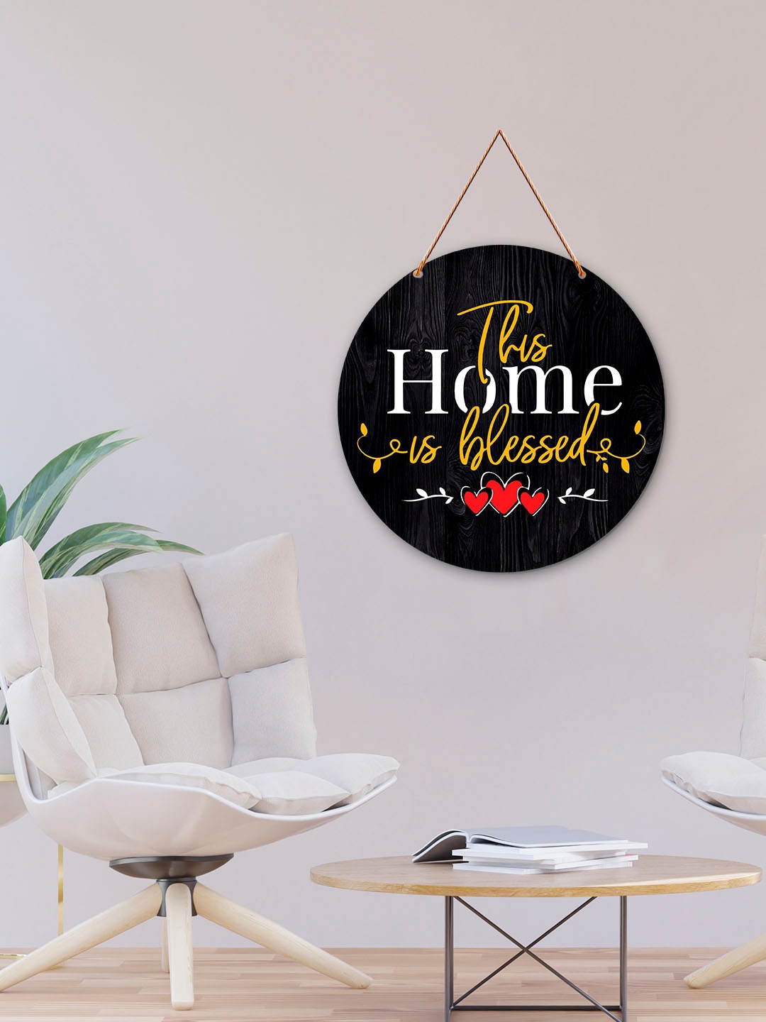 

ArtVibes Black & Yellow Blessed Home Quotes Painted Round Wooden Wall Hanging
