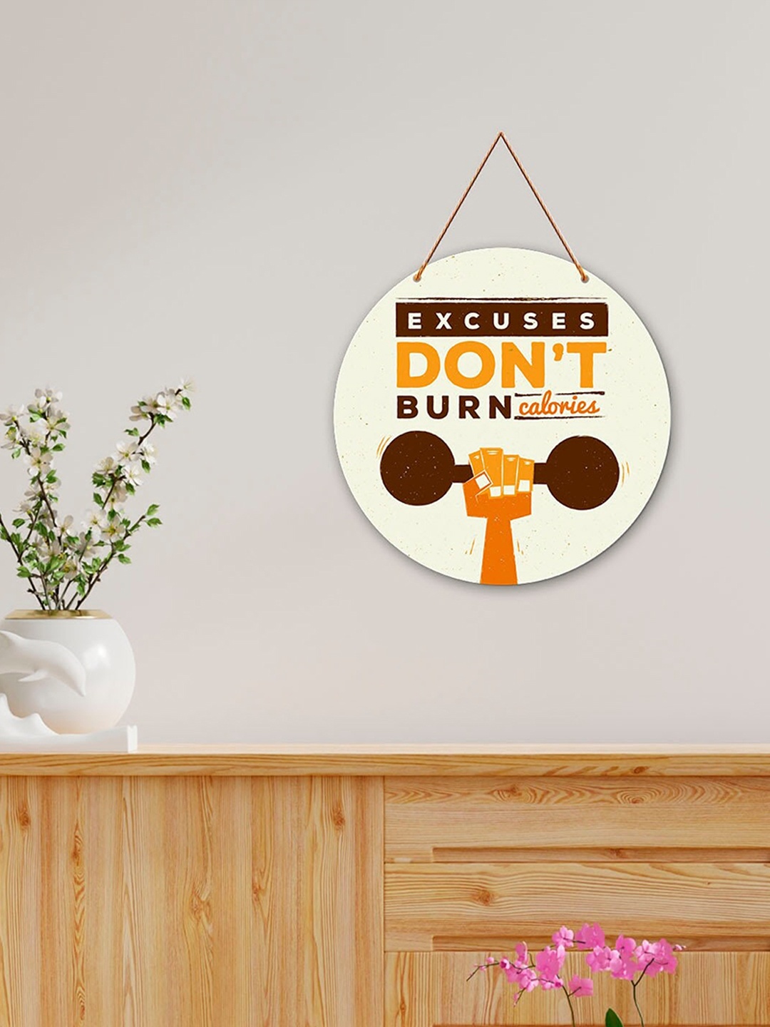 

ArtVibes Brown & Orange Gym Quotes Painted Round Wooden Wall Hanging