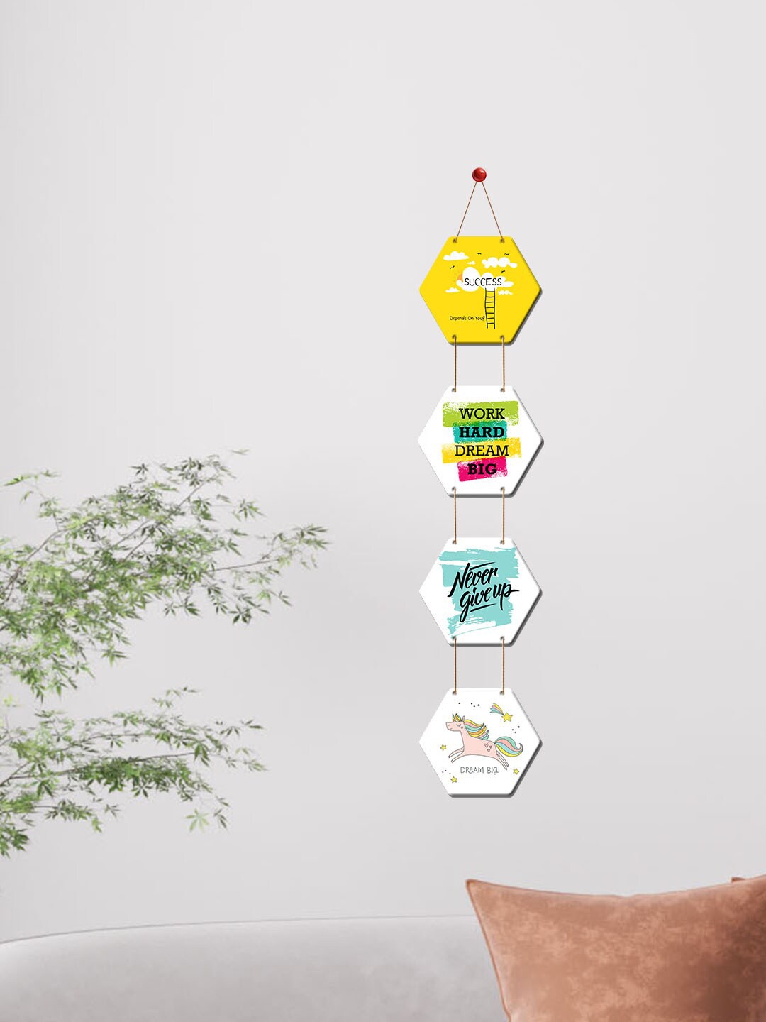 

ArtVibes Yellow & White Motivational Quotes Painted Hexagon Wooden Wall Hanging