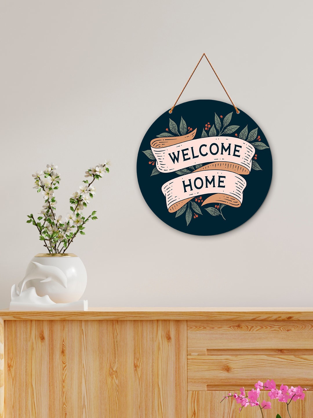 

ArtVibes Blue & Peach-Coloured Welcome Home Painted Round Wooden Wall Hanging
