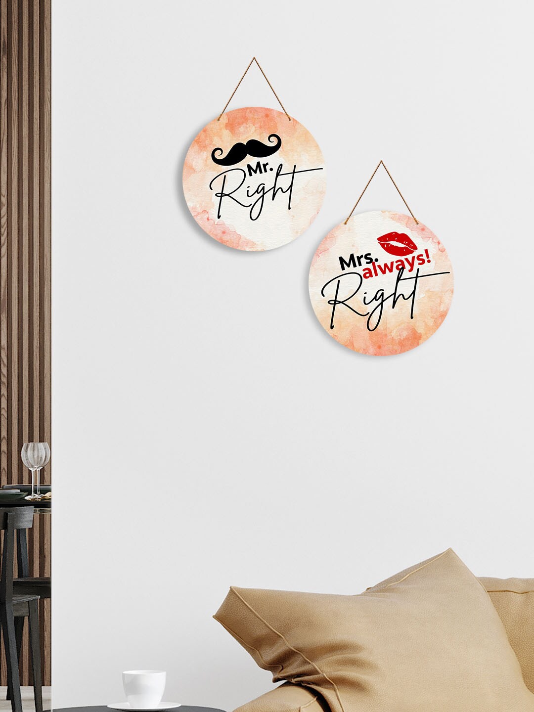

ArtVibes Peach-Coloured & White 2 Pcs Couple Quotes Painted Wooden Wall Hangings