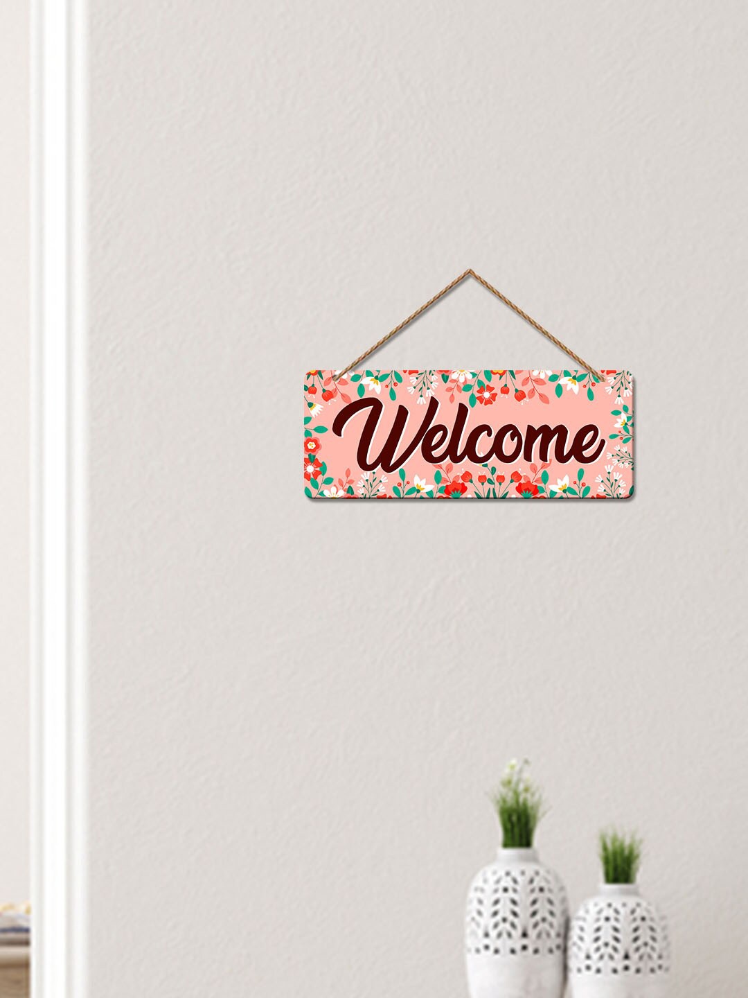 

ArtVibes Pink & Green Welcome Quotes Painted Wooden Wall Hanging