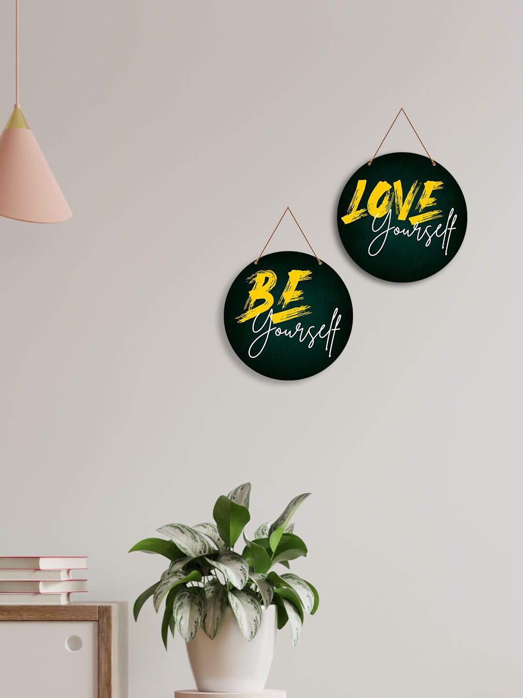 

ArtVibes Green & Yellow 2 Pieces Love Yourself Quote Painted Wooden Wall Hangings