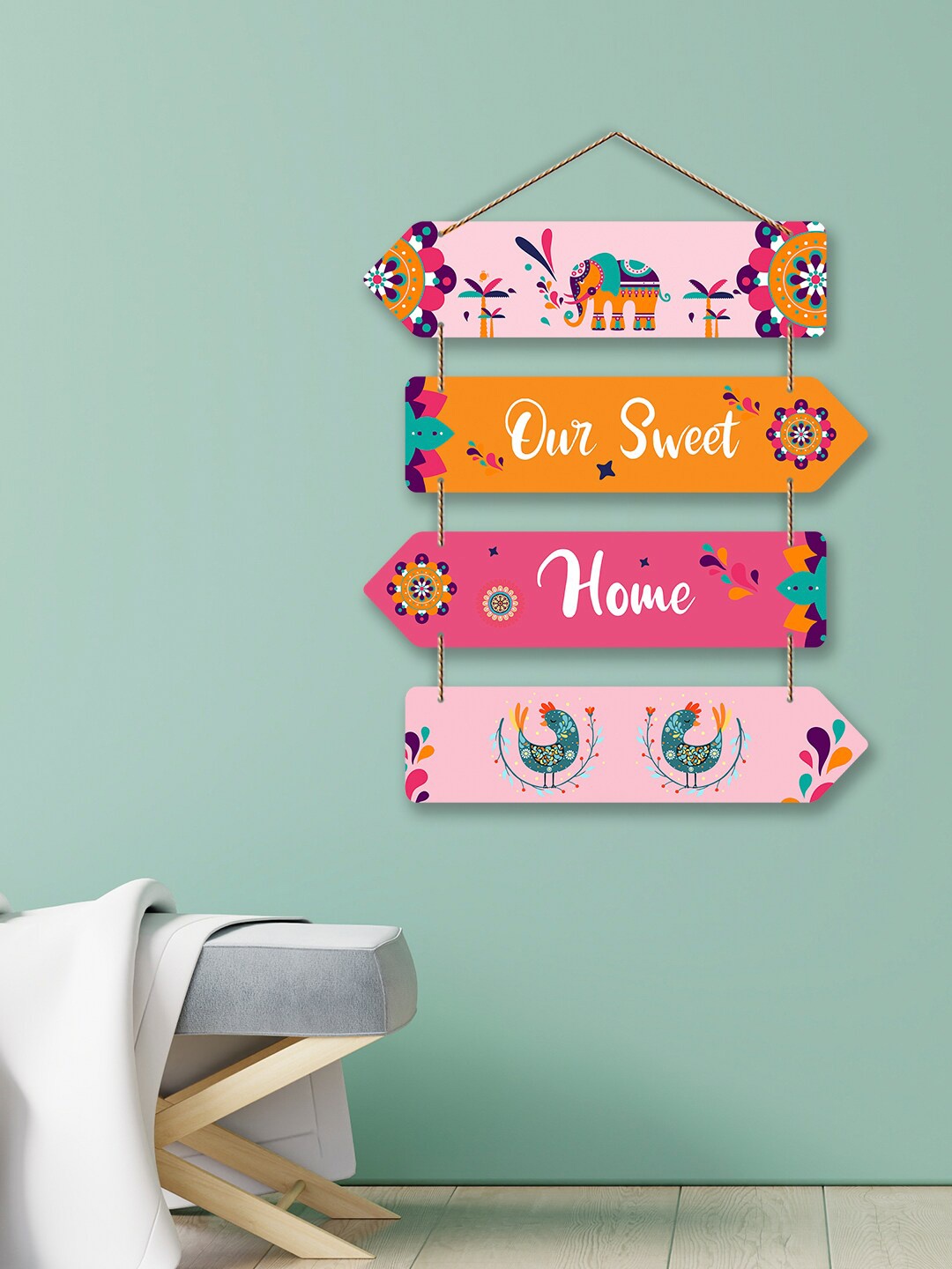 

ArtVibes Pink & Orange Sweet Home Quotes Painted Rectangle Wooden Wall Hanging