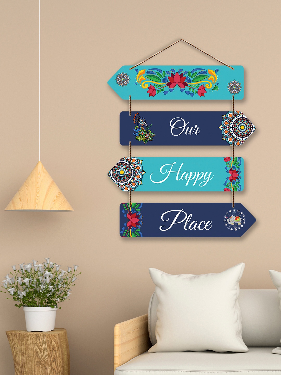 

ArtVibes Navy Blue & Teal Green Happy Place Quotes Painted Rectangle Wooden Wall Hanging