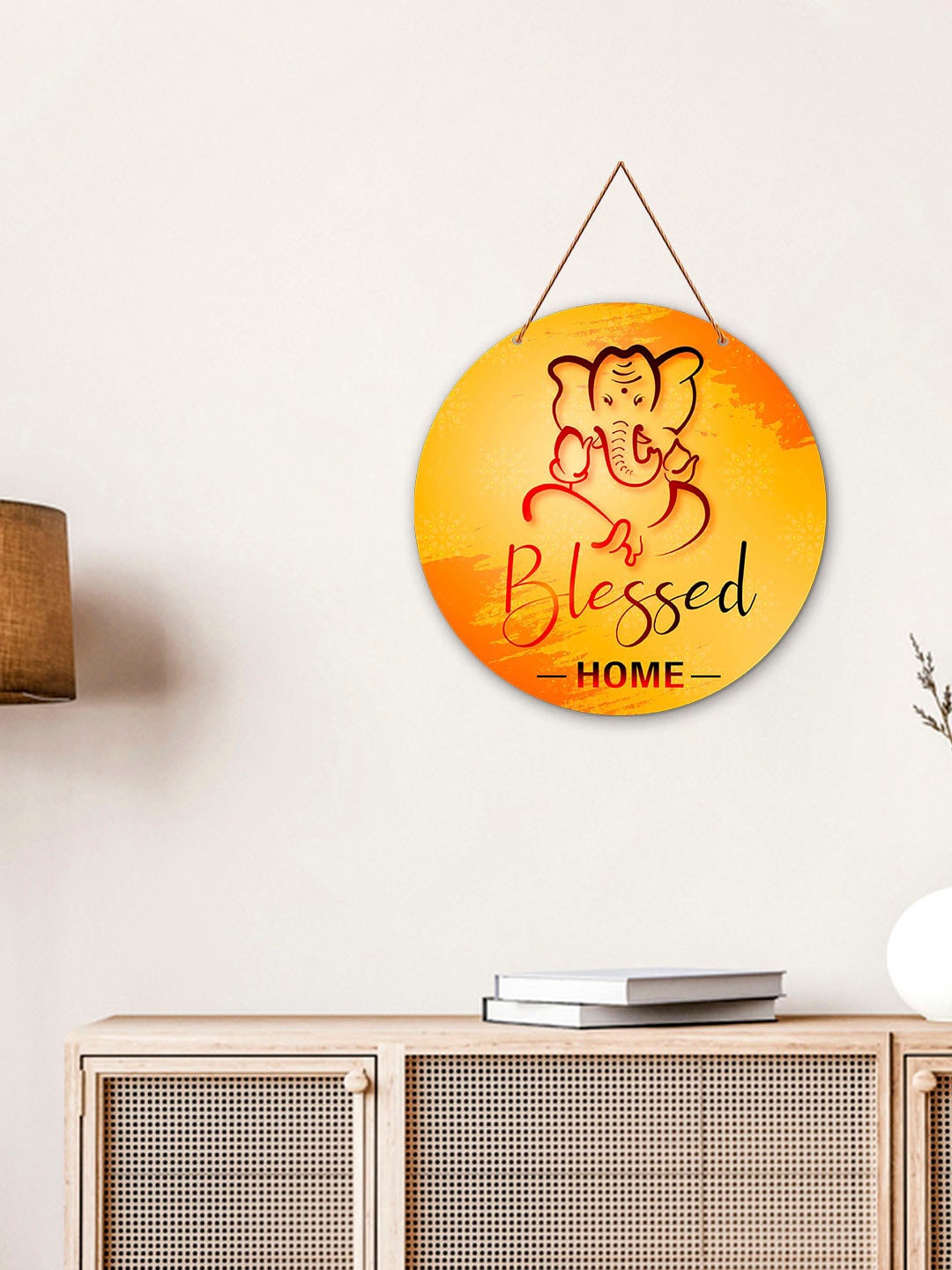 

ArtVibes Yellow & Orange Blessed Home Quotes Painted Round Wooden Wall Hanging