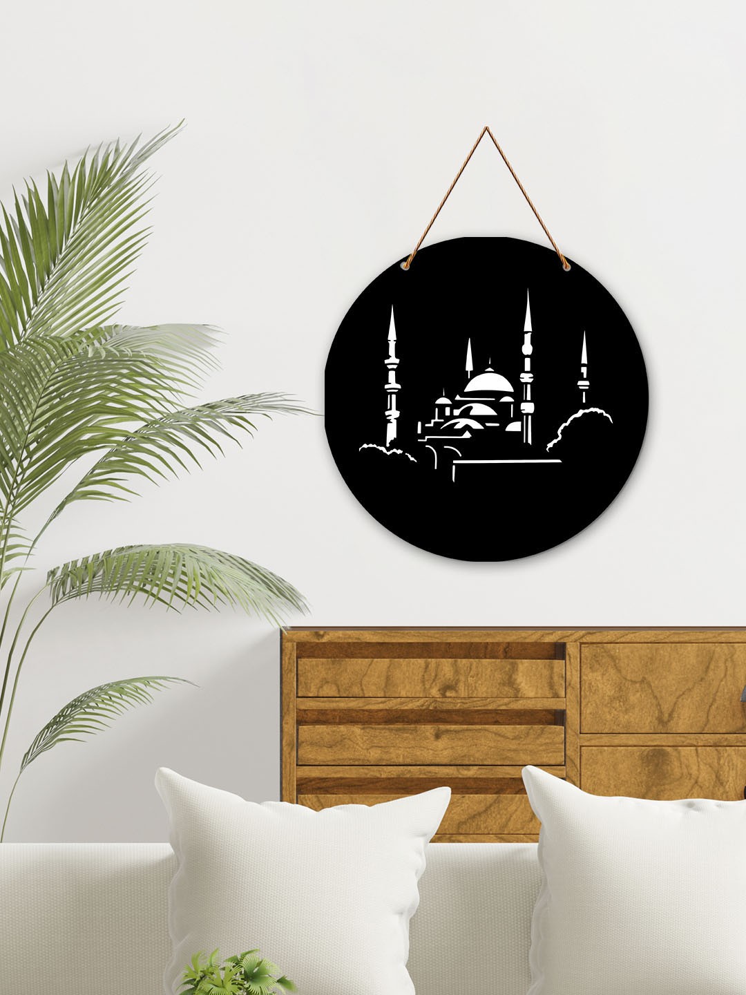 

ArtVibes Black & White The Blue Mosque Painted Round Wooden Wall Hanging