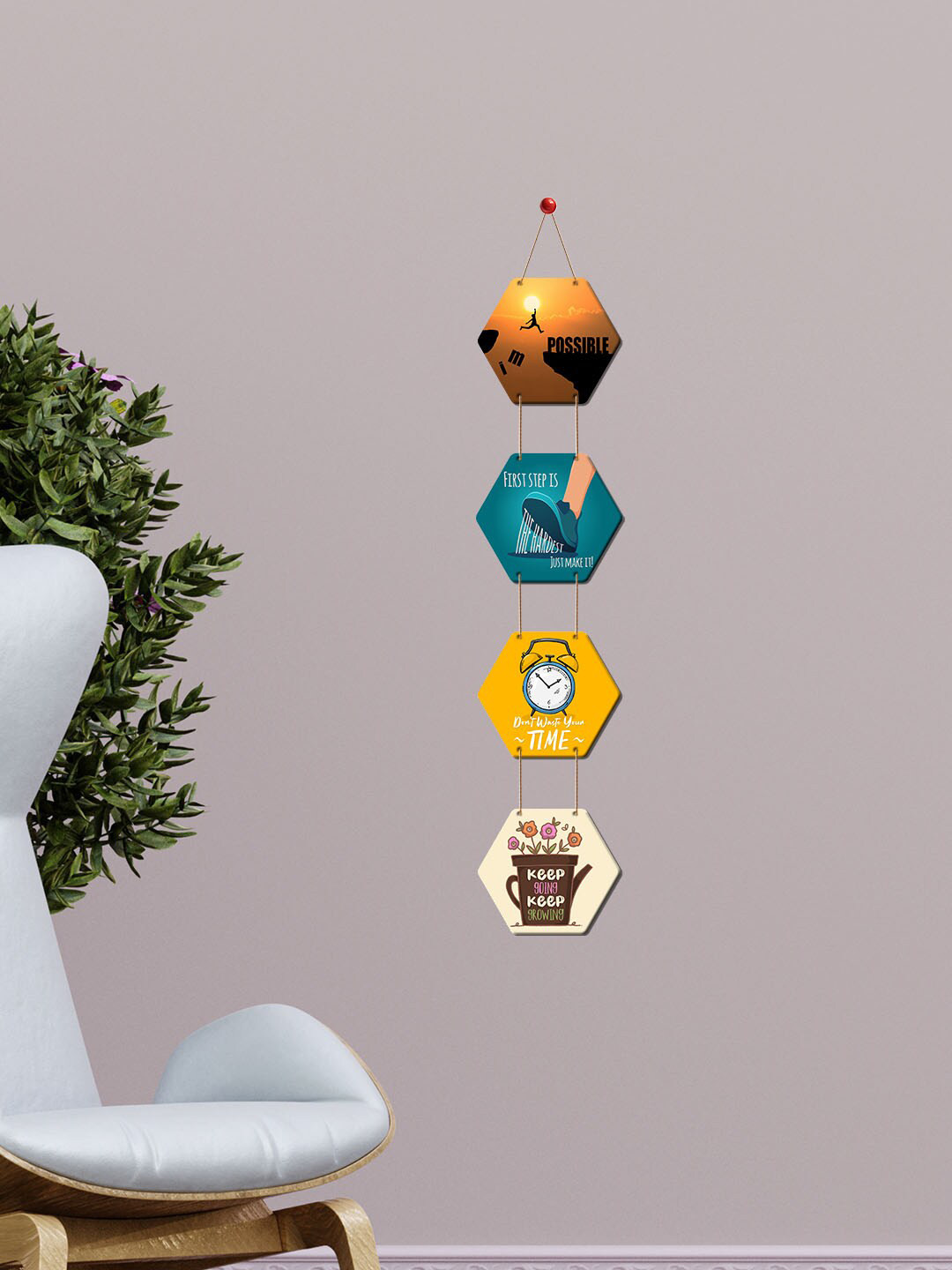 

ArtVibes Yellow & Green Motivational Quotes Painted Hexagon Wooden Wall Hanging