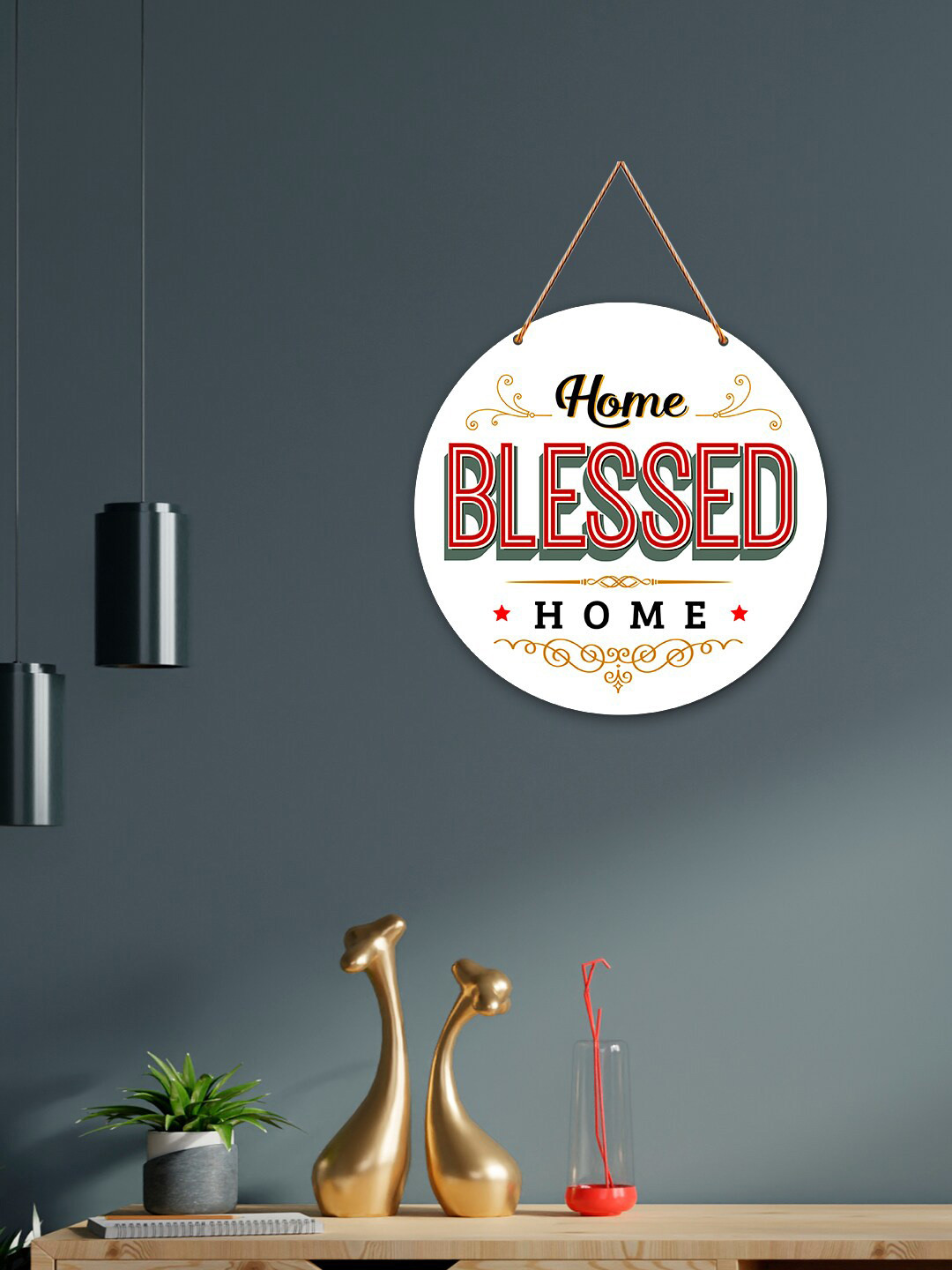 

ArtVibes Red & White Home Blessed Quotes Painted Round Wooden Wall Hanging