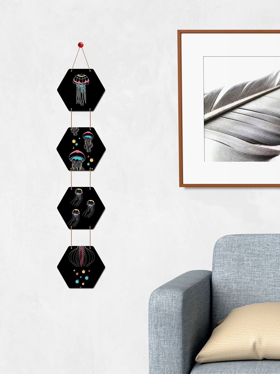 

ArtVibes Blue & Black Jellyfish Wall Painted Hexagon Wooden Wall Hanging