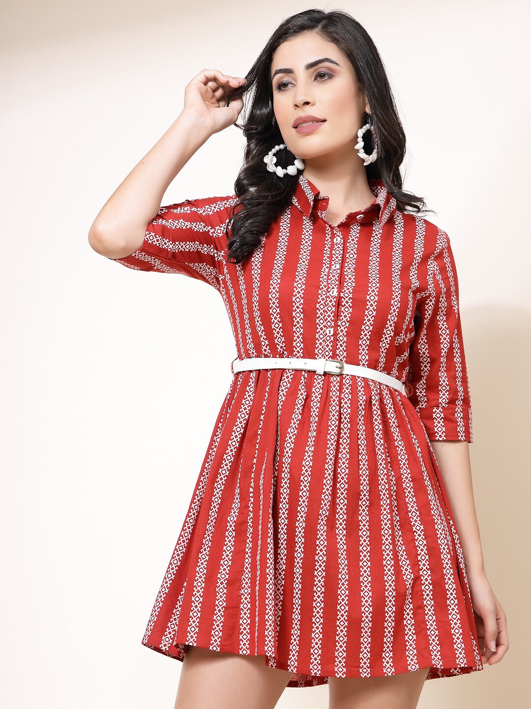 

all about you Red Striped Shirt Collar Belted Fit & Flare Mini Dress