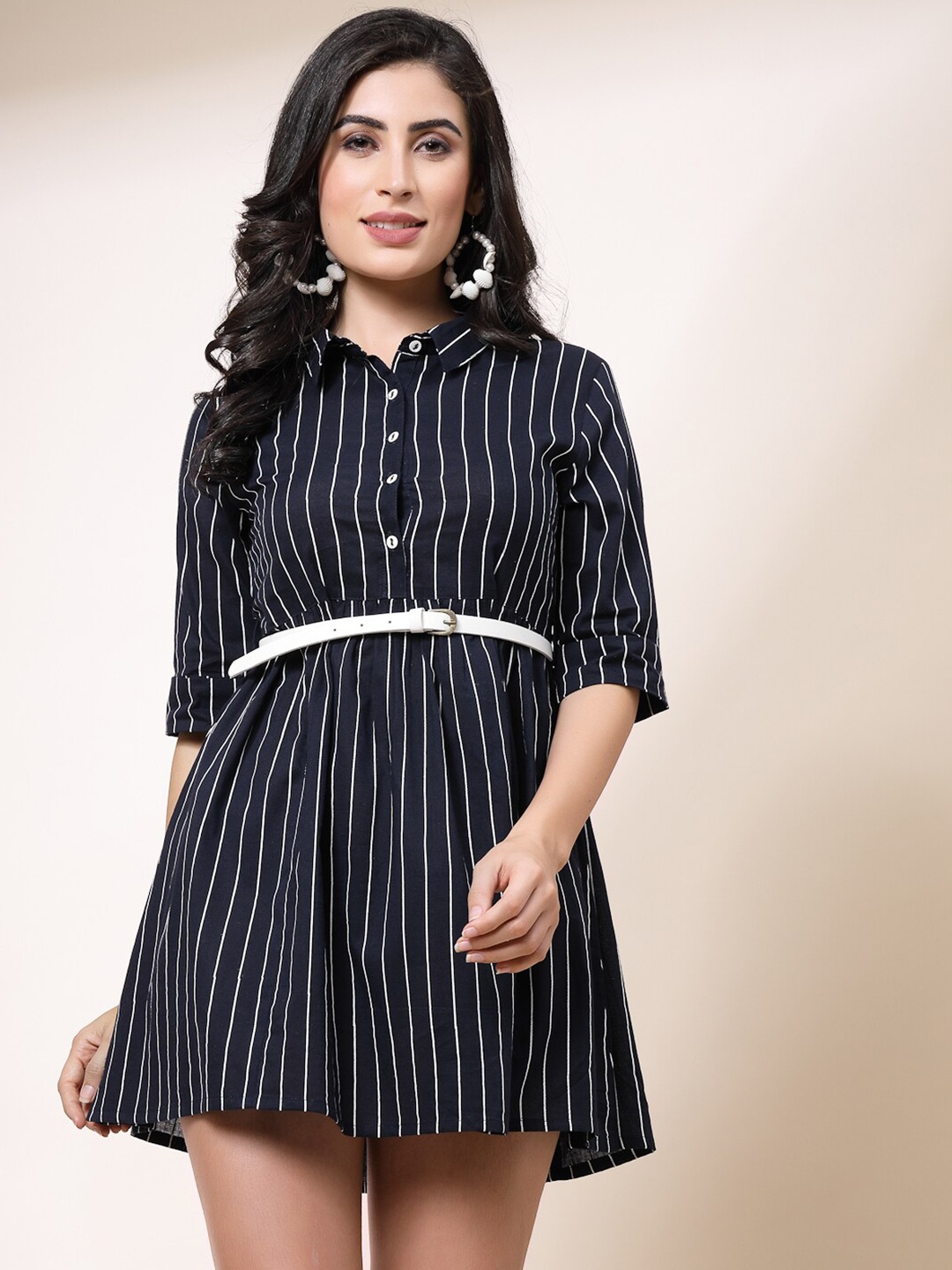 

all about you Blue Striped Shirt Collar Belted Fit & Flare Mini Dress