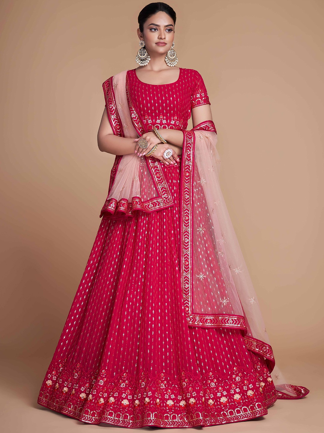 

FABPIXEL Sequin Embellished Semi-Stitched Lehenga & Unstitched Blouse With Dupatta, Pink