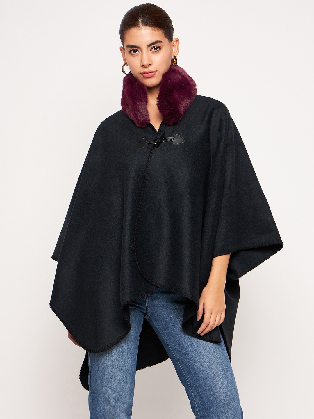 

Camey V Neck Flared Sleeve Poncho Sweater, Black