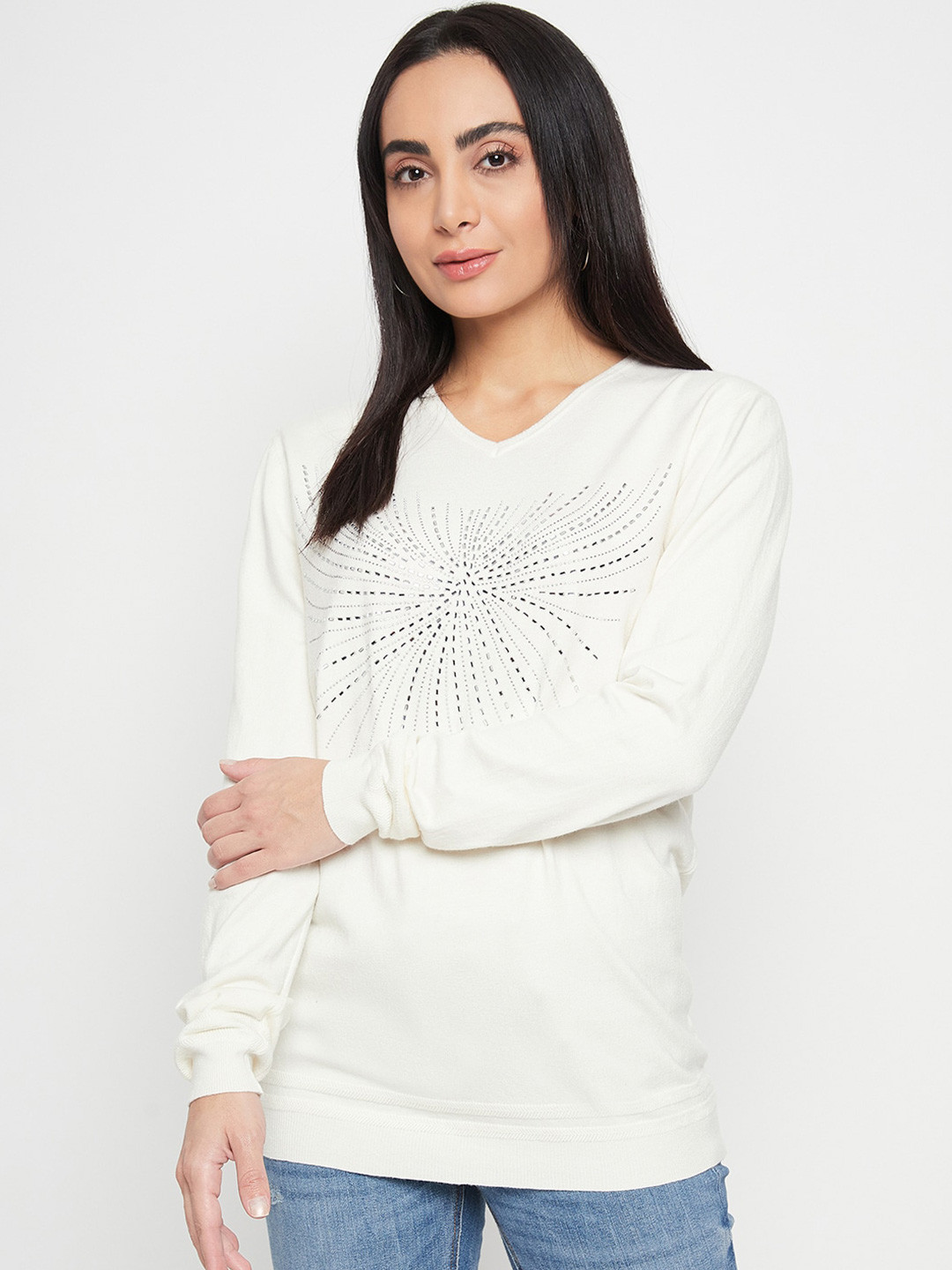 

Camey Abstract Printed Round Neck Long Sleeves Embellished Wool Pullover Sweater, Cream