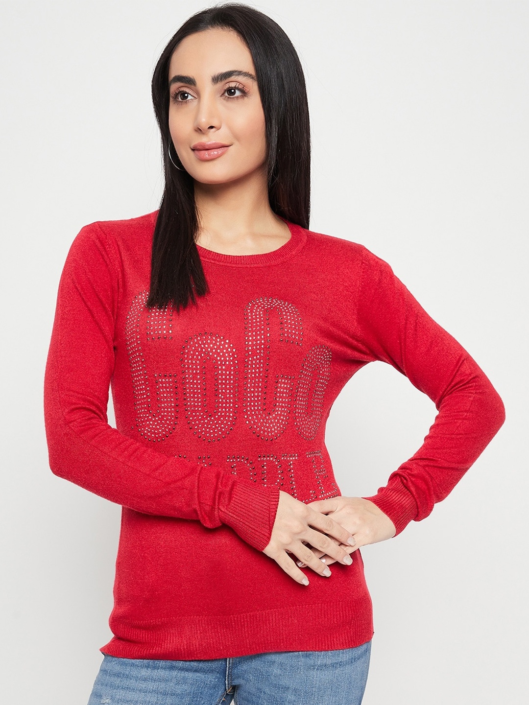 

Camey Embellished Typography Pullover Sweater, Red