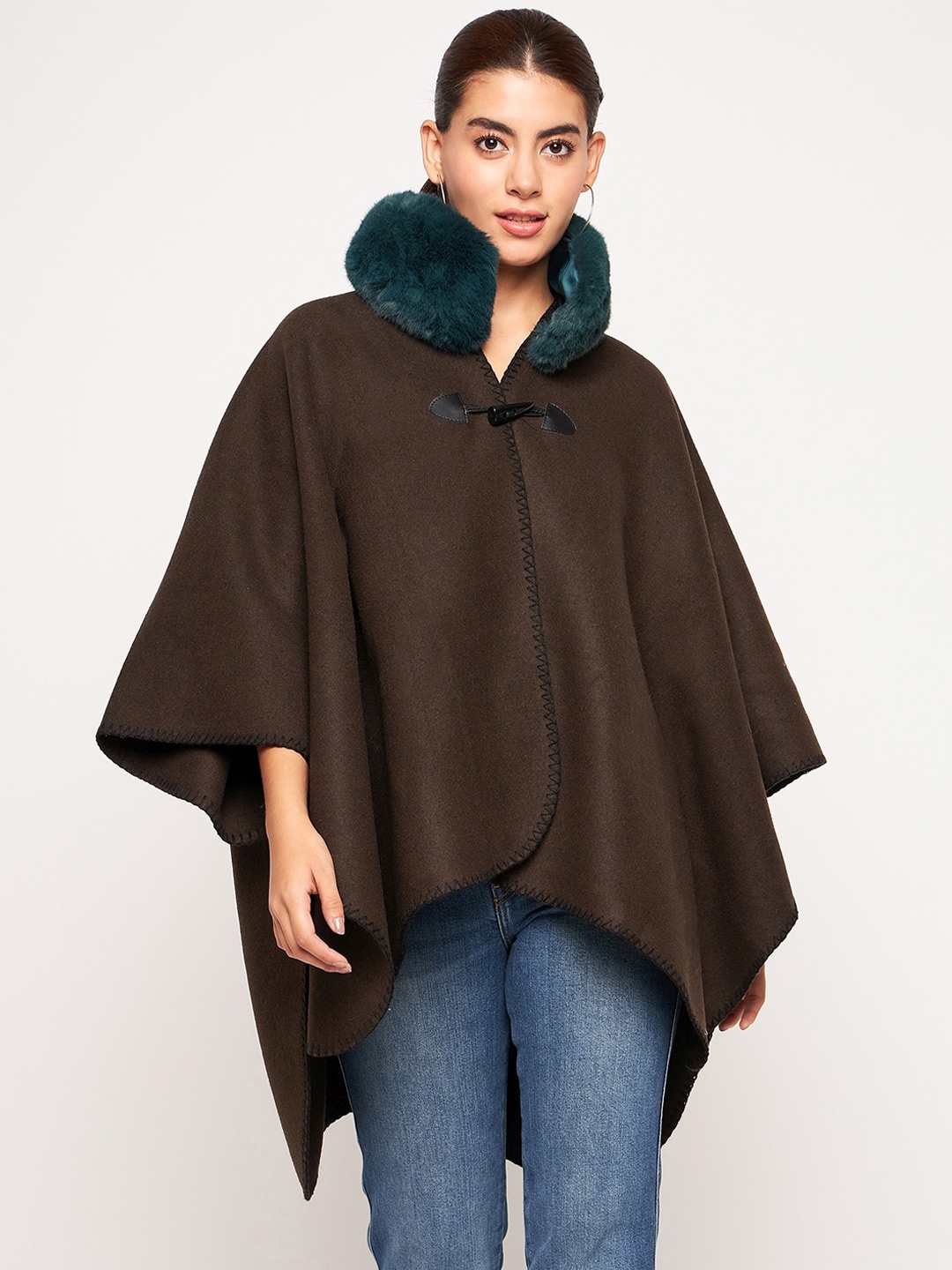 

Camey High Neck Flared Sleeves Wool Poncho, Brown